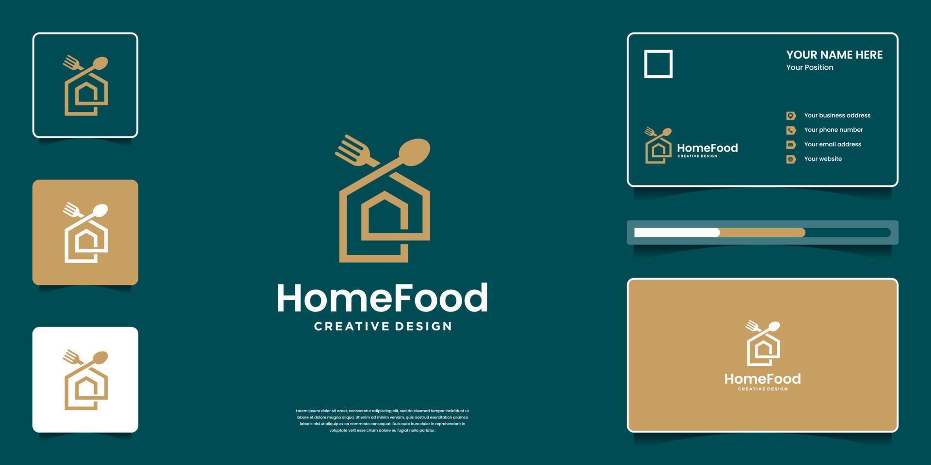 design de logotipo de comida criativa com combinação de casa, colher e garfo, idéias de símbolo para logotipo de restaurante e cartão de visita vetor