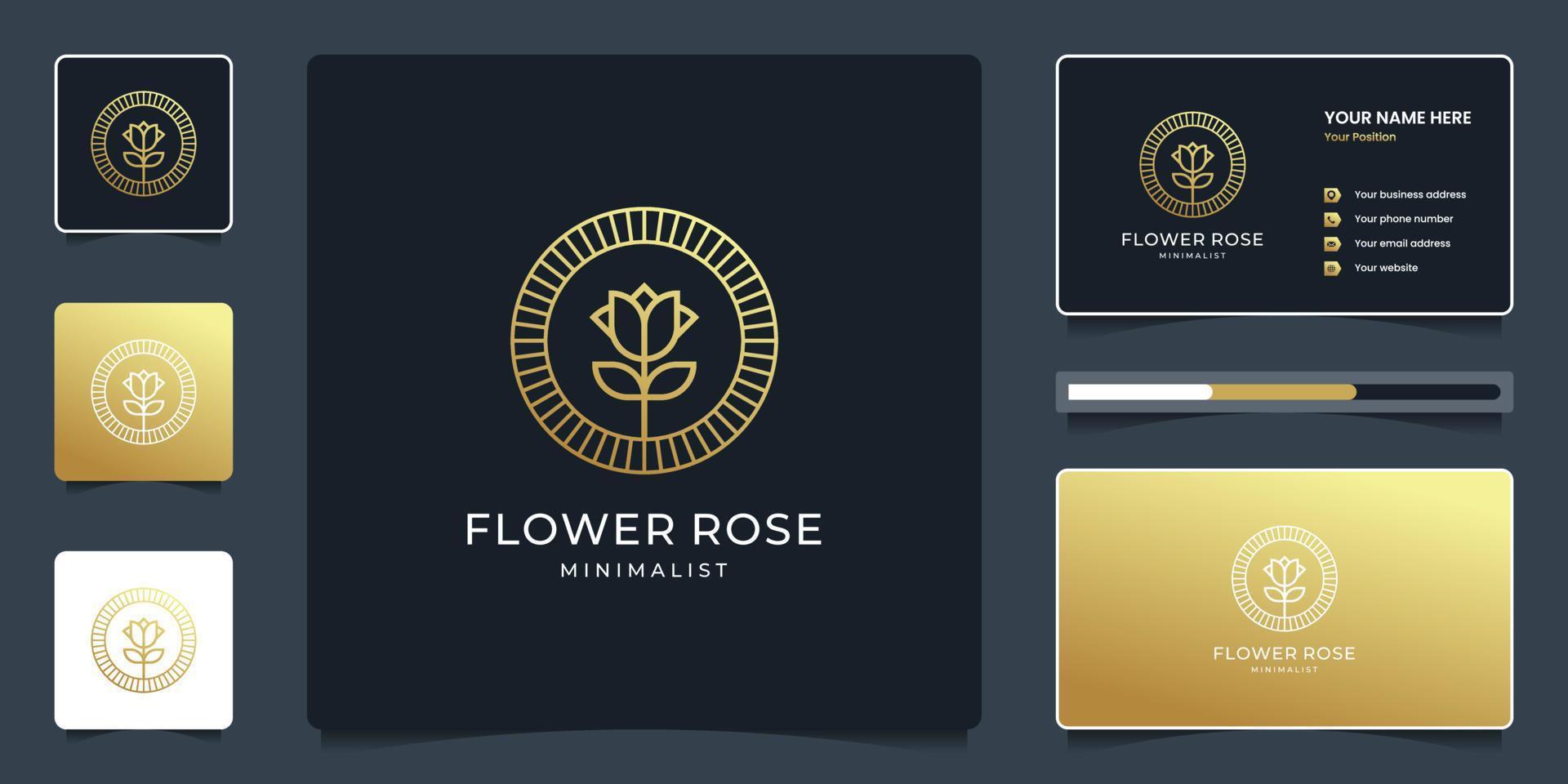 design de logotipo de rosa de flor de luxo com estilo de arte de linha e cartão de visita vetor