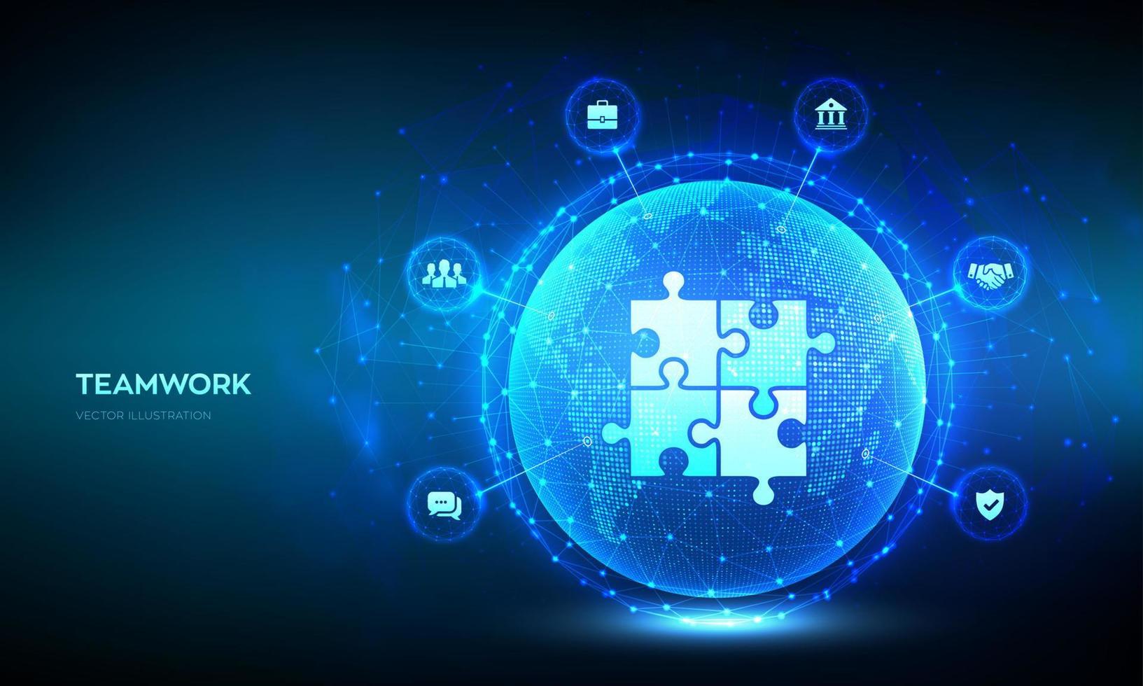 conceito de tecnologia de trabalho em equipe. parceria de negócios. rede global de cooperação. comunicação na internet. elementos da equipe de quebra-cabeça. ponto do mapa mundial, composição de linha. globo do planeta terra. ilustração vetorial. vetor