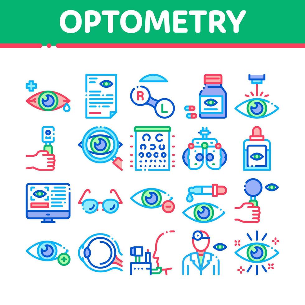 vetor de conjunto de ícones de coleção de auxílio médico de optometria