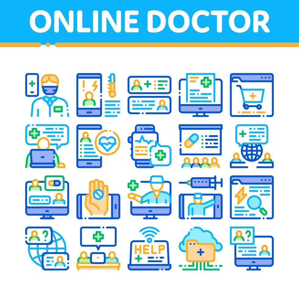 vetor de conjunto de ícones de coleção de conselhos médicos on-line