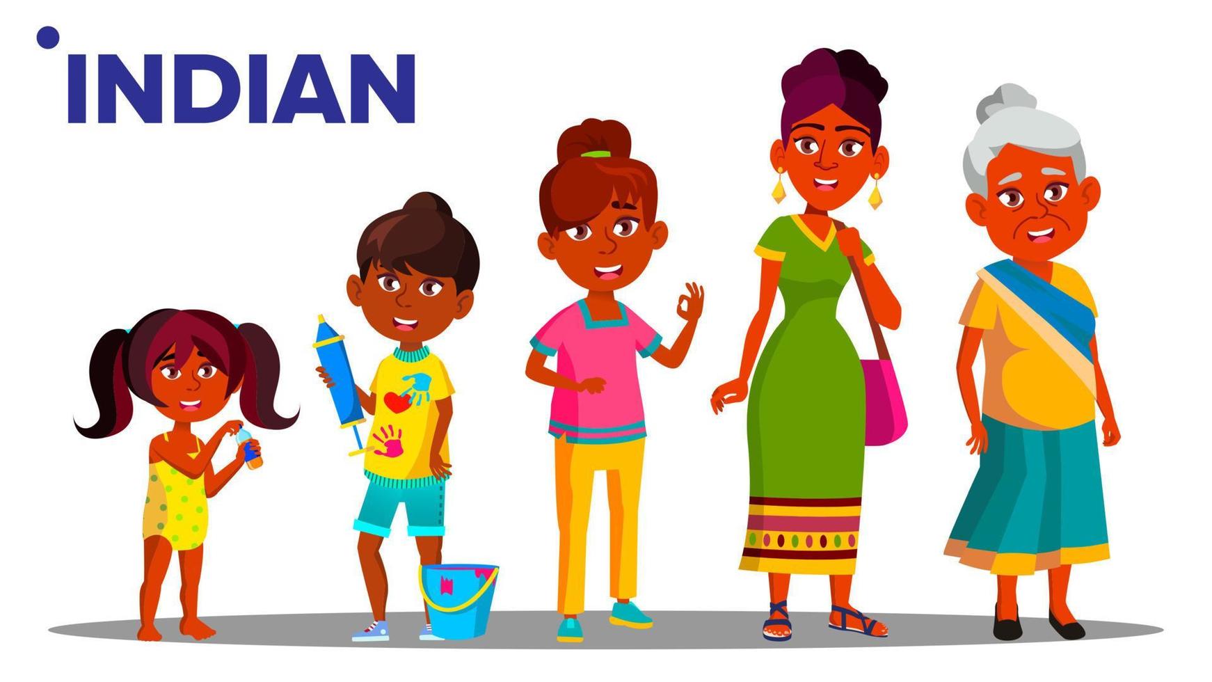 fêmea de geração indiana definir vetor de pessoa de pessoas. mãe indiana, filha, neta, bebê. ilustração isolada