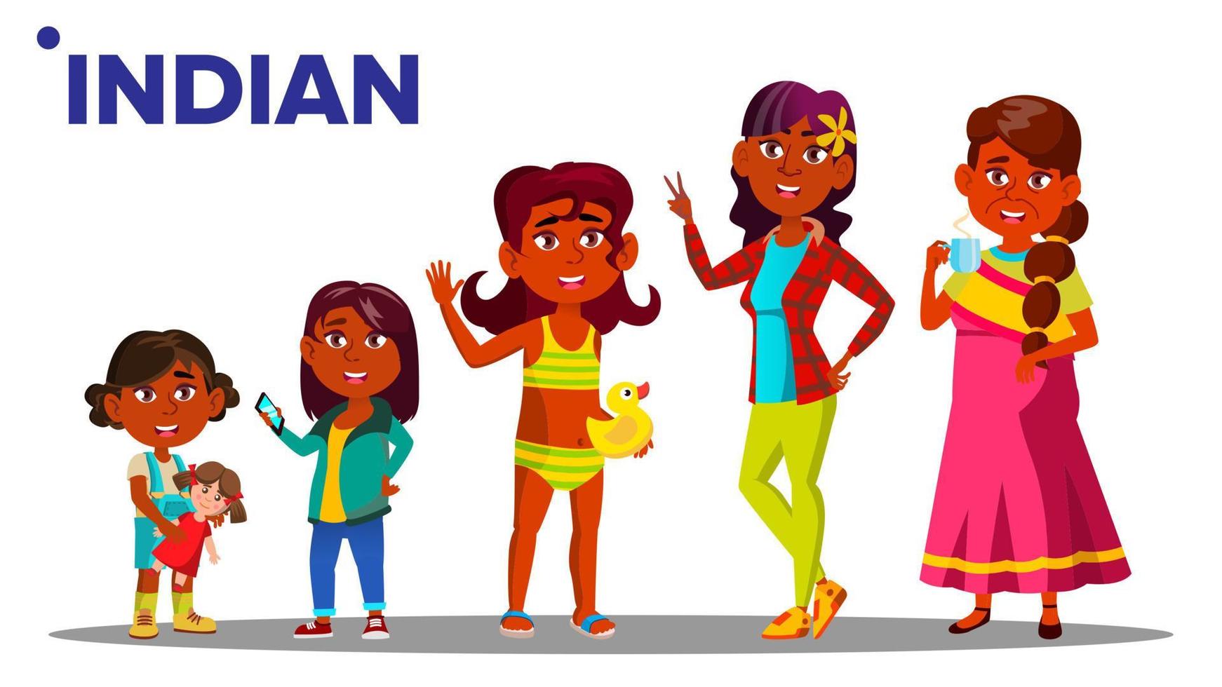 vetor de pessoa do sexo feminino de geração indiana. mãe indiana, filha, neta, bebê, adolescente. vetor. ilustração isolada