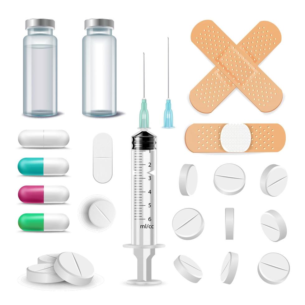 vetor de conjunto de itens médicos. comprimidos, drogas, ampola, seringa, patch. ilustração isolada