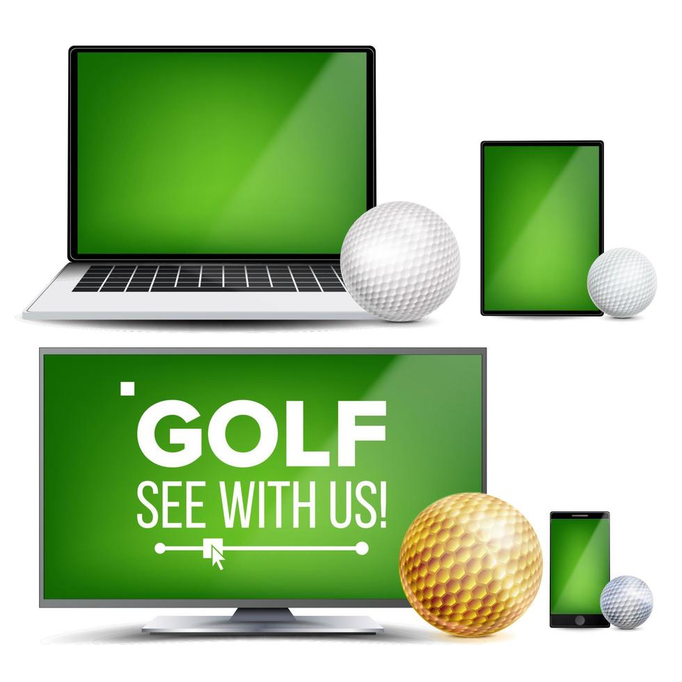 vetor de aplicativo de golfe. campo, bola de golfe. transmissão online, casa de apostas, aplicativo de jogos esportivos. elemento de design de bandeira. partida ao vivo. monitor, laptop, tablet sensível ao toque, telefone móvel inteligente. ilustração realista