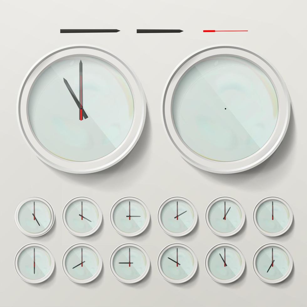 relógios de parede realistas definem ilustração vetorial. relógio analógico de parede. segundo minuto realista hora vetor