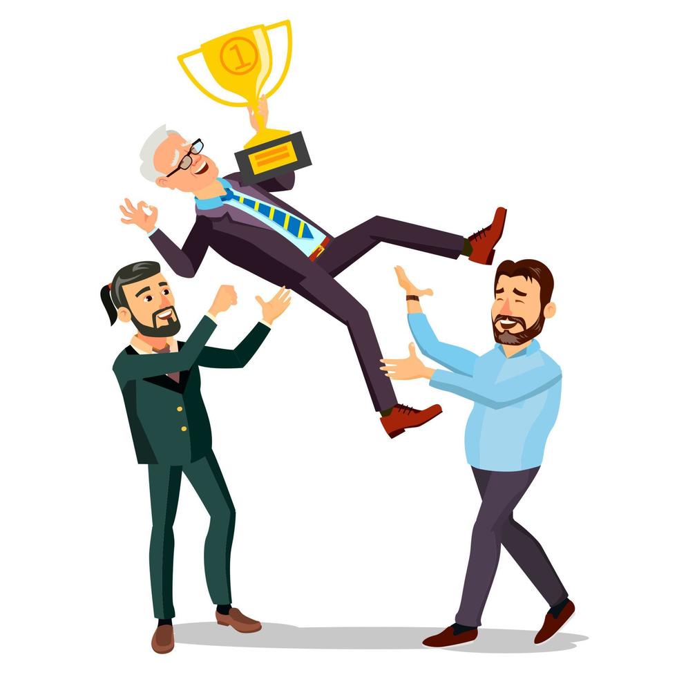 vetor de empresário vencedor. jogando colega para cima. pessoas de negócios comemorando a vitória. com troféu de ouro. primeiro. prêmio. ilustração plana dos desenhos animados