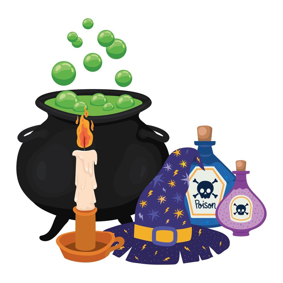 Halloween bruxa tigela vela venenos e design de chapéu vetor