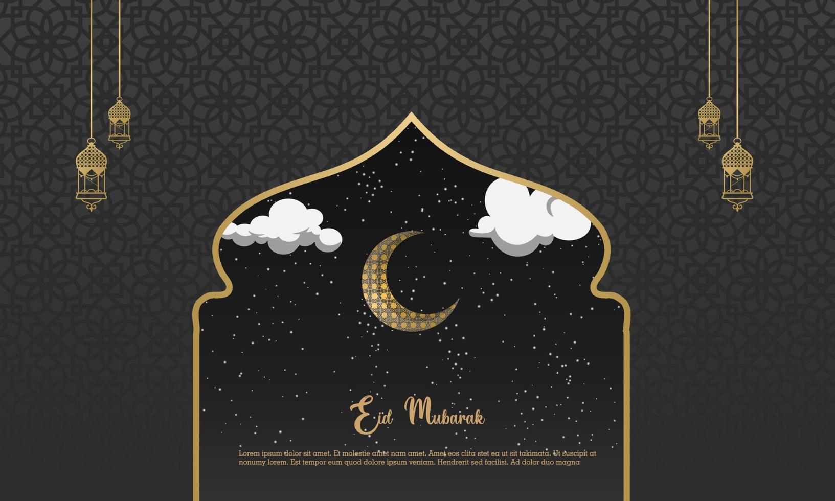 feliz eid mubarak, cartão islâmico cor preta fundo de design dourado com ornamento moderno islâmico vetor