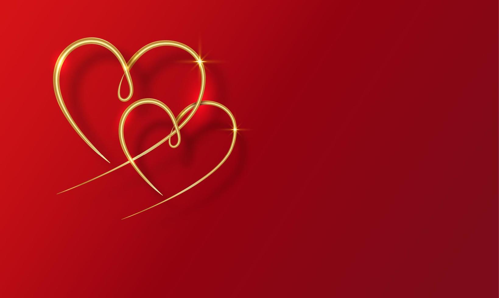 anéis de casamento. dois corações entrelaçados dourados isolam-se no fundo vermelho. feliz conceito de dia dos namorados, ilustração vetorial 3d, banner de luxo de espaço de cópia vetor