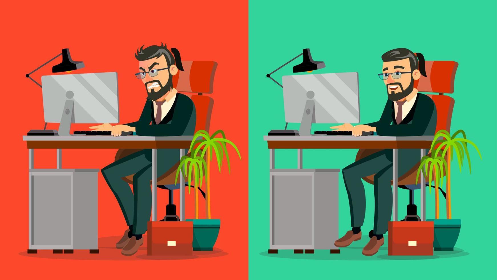 vetor de chefe estressado. ceo barbudo trabalhando no escritório. trabalho estressante, trabalho. empresário cansado. pessoa. carreira dura. É uma empresa de negócios de inicialização. ilustração de personagem de desenho animado plana