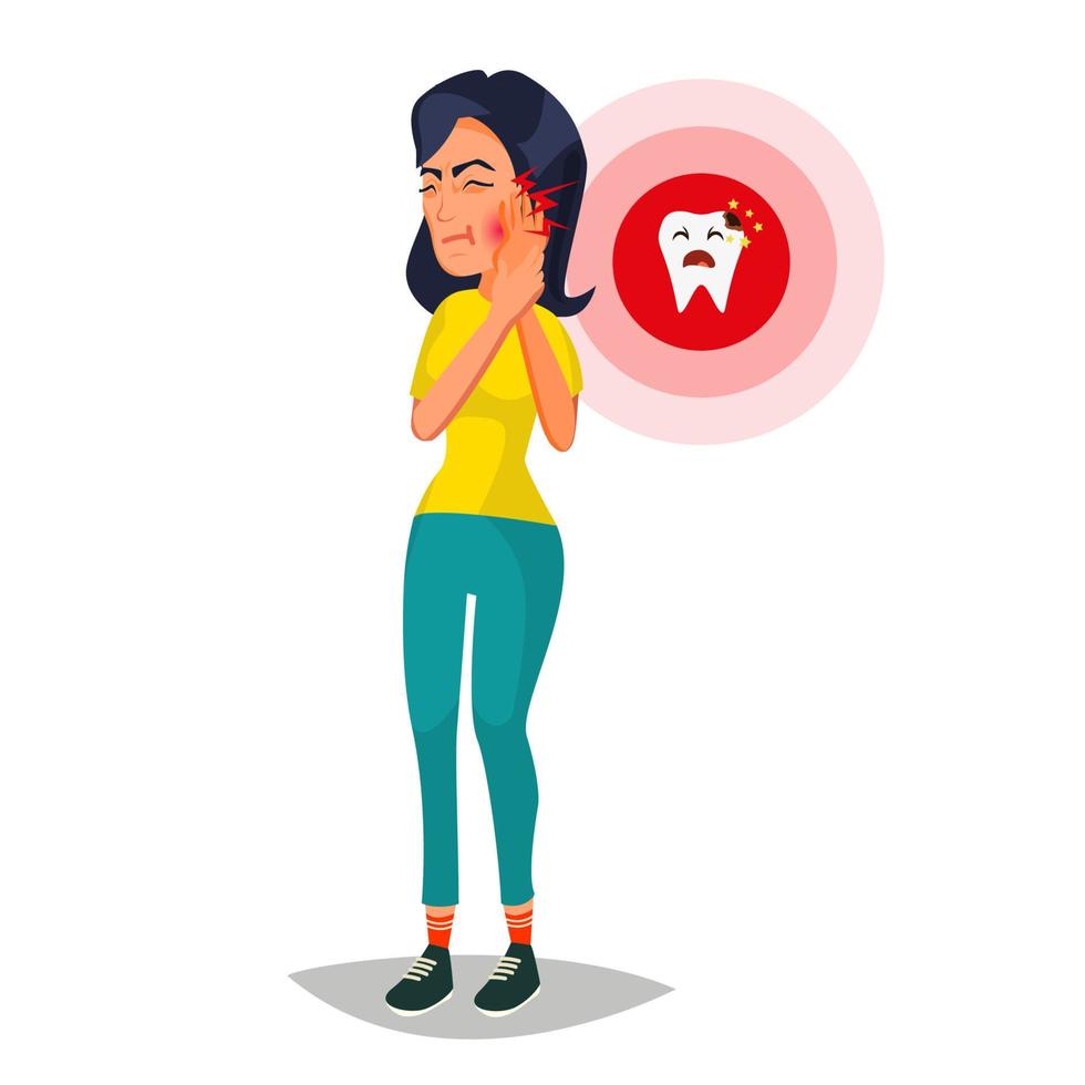 vetor do conceito de dor de dente. mulher infeliz com dor. dor no corpo humano. ilustração plana dos desenhos animados