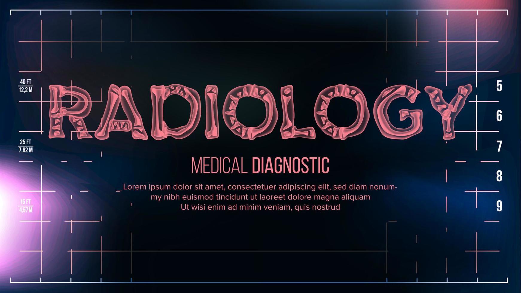 vetor de bandeira de radiologia. antecedentes médicos. texto de raio-x roentgen transparente com ossos. varredura 3d de radiologia. tipografia de saúde médica. ilustração de tecnologia futurista