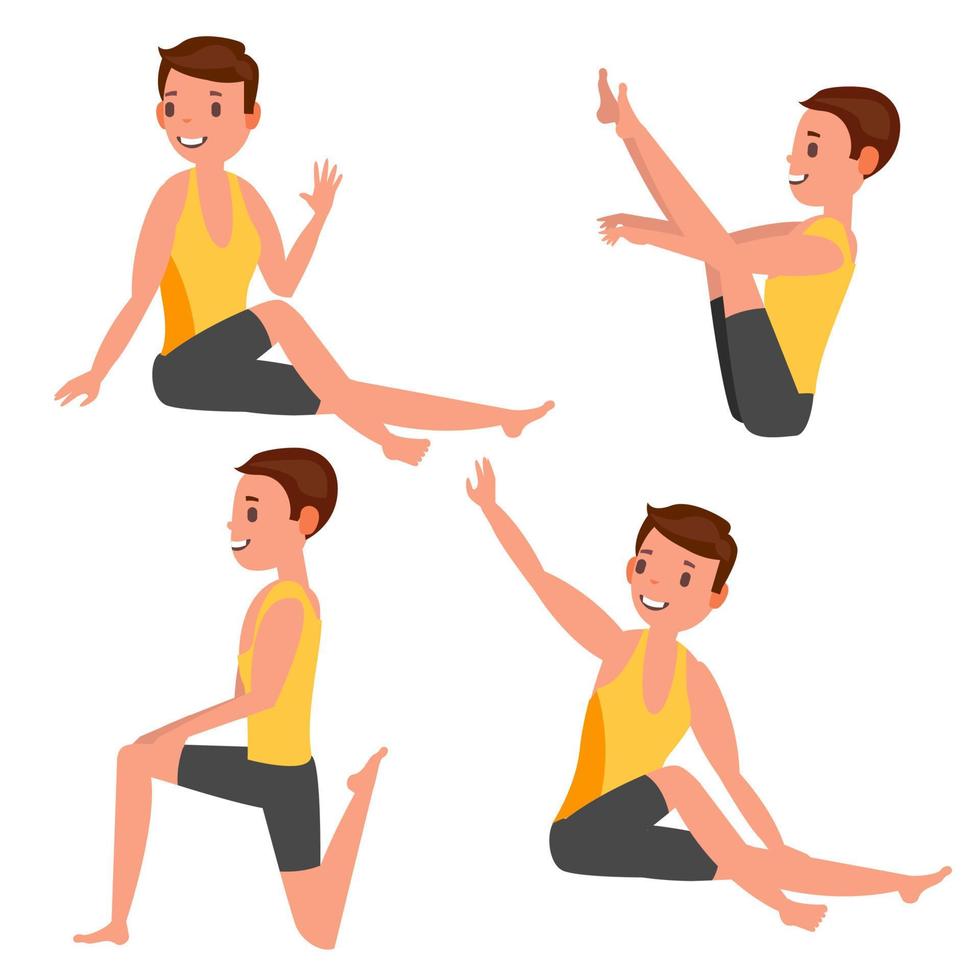 vetor masculino de ioga. alongamento e torção. praticando. jogando em poses diferentes. cara. isolado na ilustração de personagem de desenho animado branco
