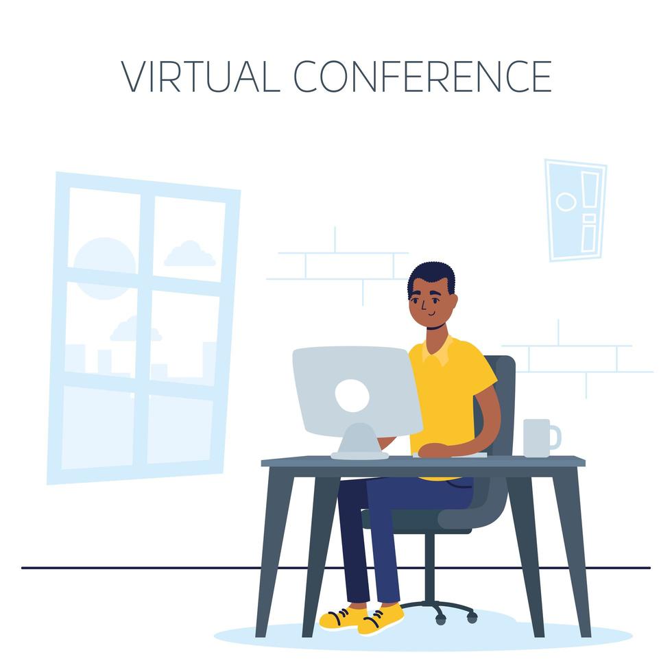 homem no computador para uma chamada em conferência virtual vetor