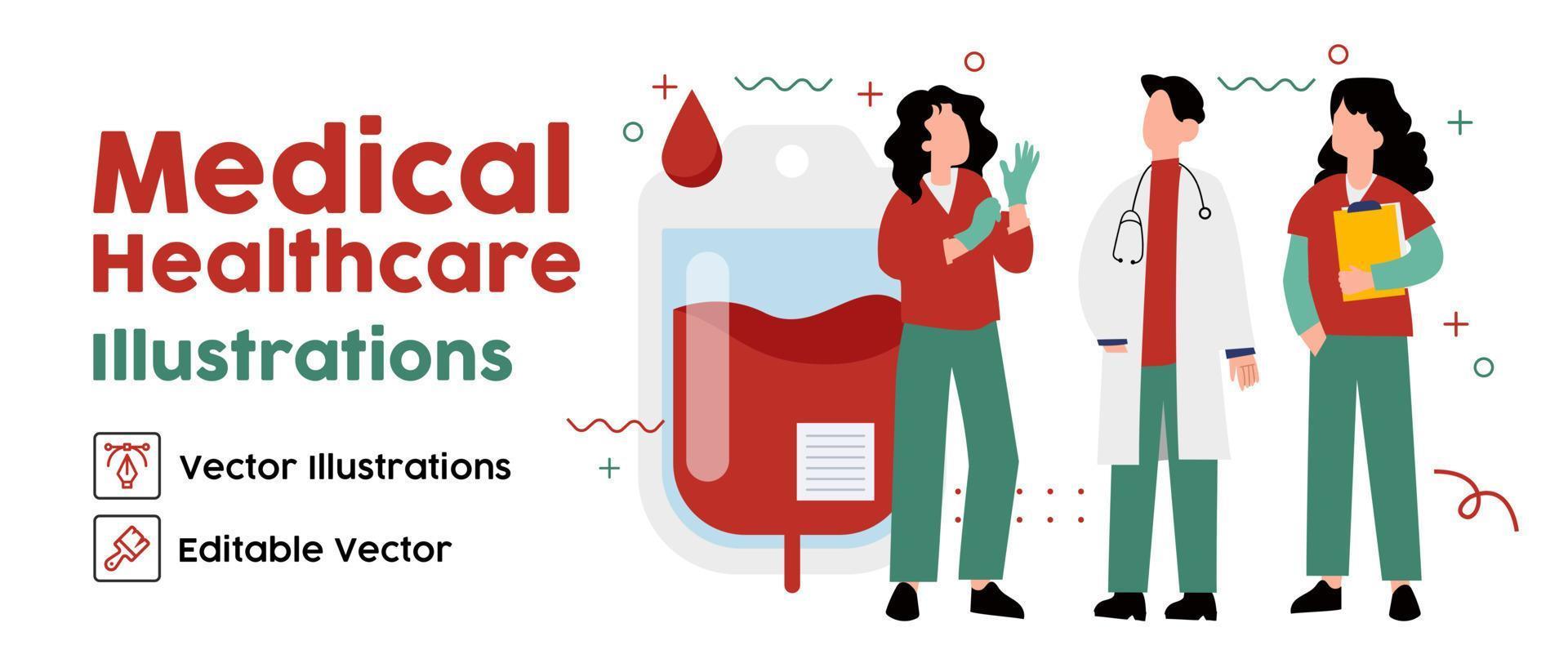 pessoas voluntárias doando sangue. mulher doadora em pé. conceito de doação, dia mundial do doador de sangue, plasma. ilustração vetorial em design plano para plano de fundo, banner, cartão vetor