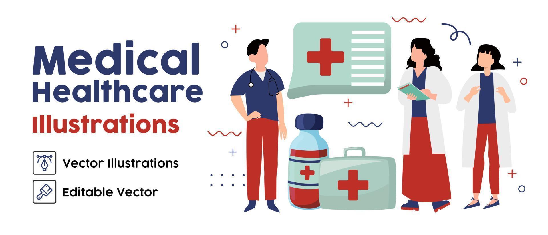 conjunto de tratamento médico com cirurgia de consulta de enfermeiras de médicos e ilustração vetorial isolada de diferentes procedimentos de diagnóstico vetor