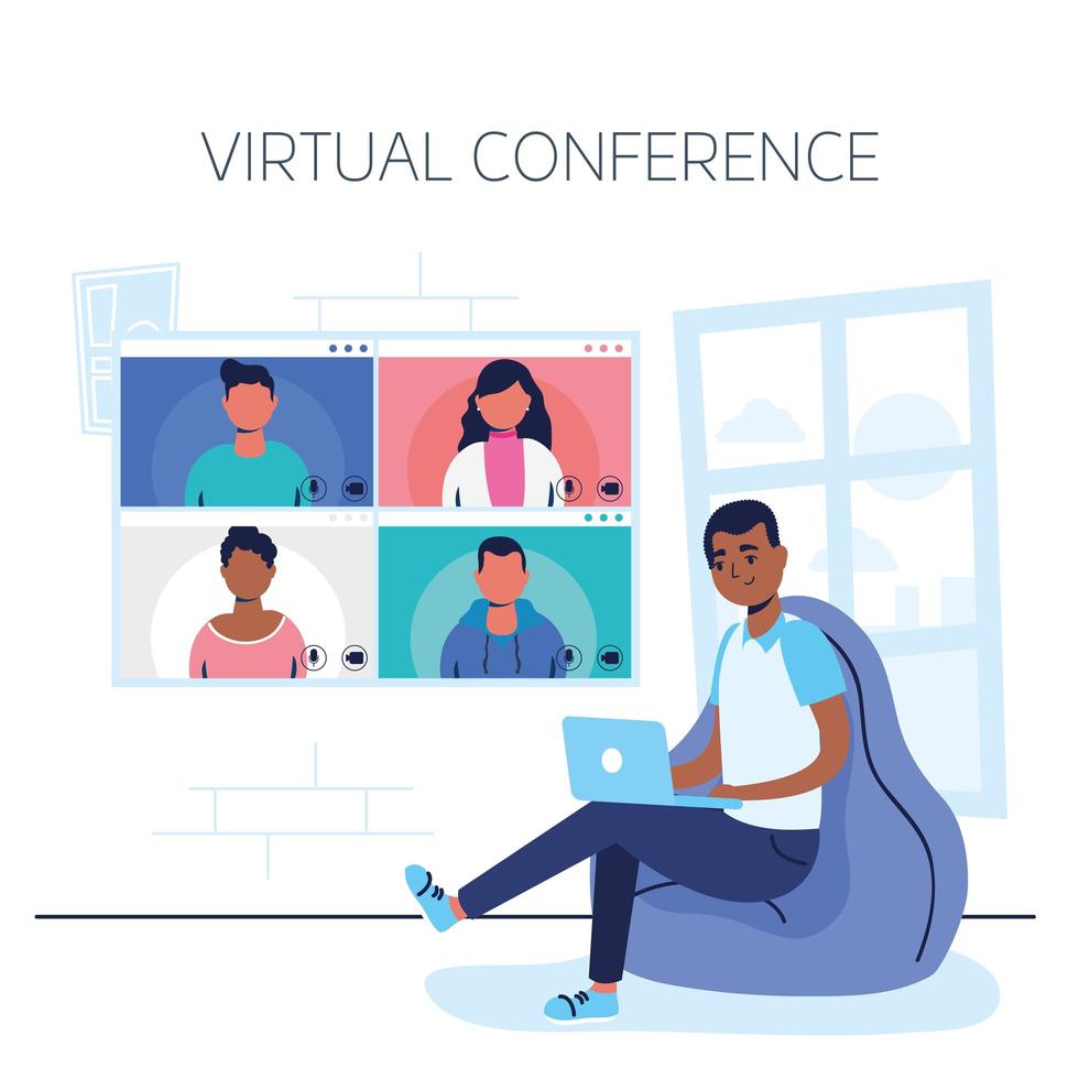 homem no laptop para uma chamada em conferência virtual vetor