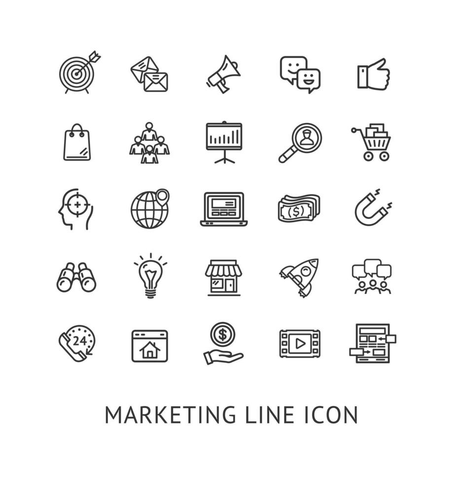 conjunto de ícones de linha fina preta de marketing de entrada. vetor