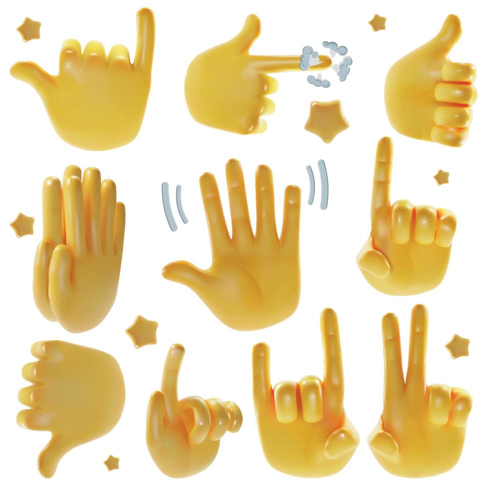 conjunto realista de mãos emoji 3d detalhadas. vetor
