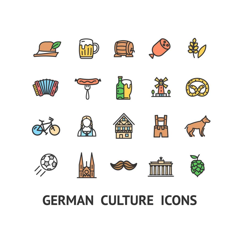 conjunto de ícones de linha fina de cor de sinal de cultura alemã. vetor