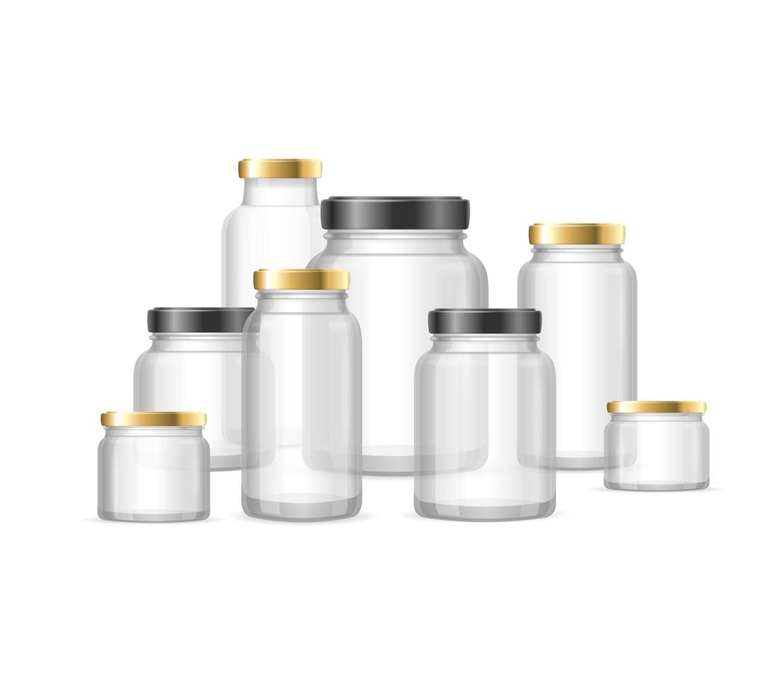 conjunto de tamanhos diferentes de frasco de vidro vazio 3d realista detalhado. vetor