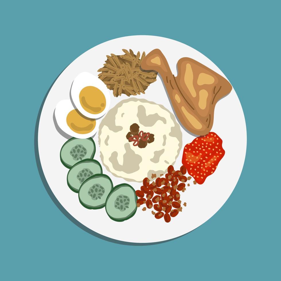 nasi lemak, prato de arroz perfumado malaio cozido em leite de coco e folha de pandan com ingredientes da receita na placa de madeira. vetor de ilustração de comida. desenho animado de comida.