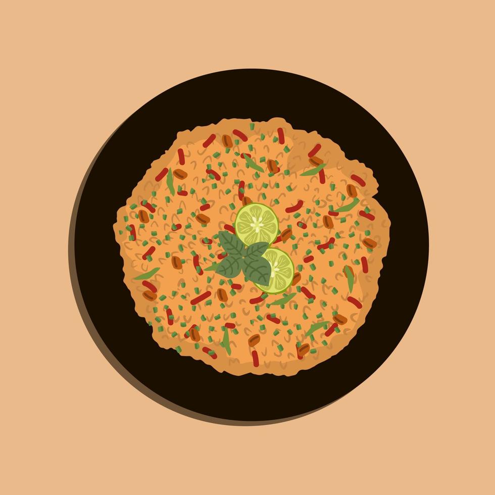 visão aérea de uma tigela de grés cheia de arroz mexicano e feijão isolado em um prato preto. vetor de ilustração de comida. desenho animado de comida.