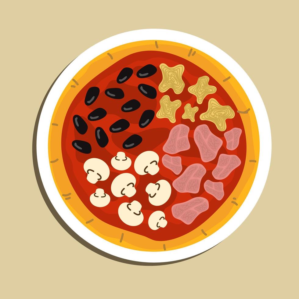 pizza quatro estações com queijo mussarela, presunto, molho de tomate, salame, bacon, cogumelos, pimenta, especiarias e manjericão fresco. pizza italiana na chapa branca vetor