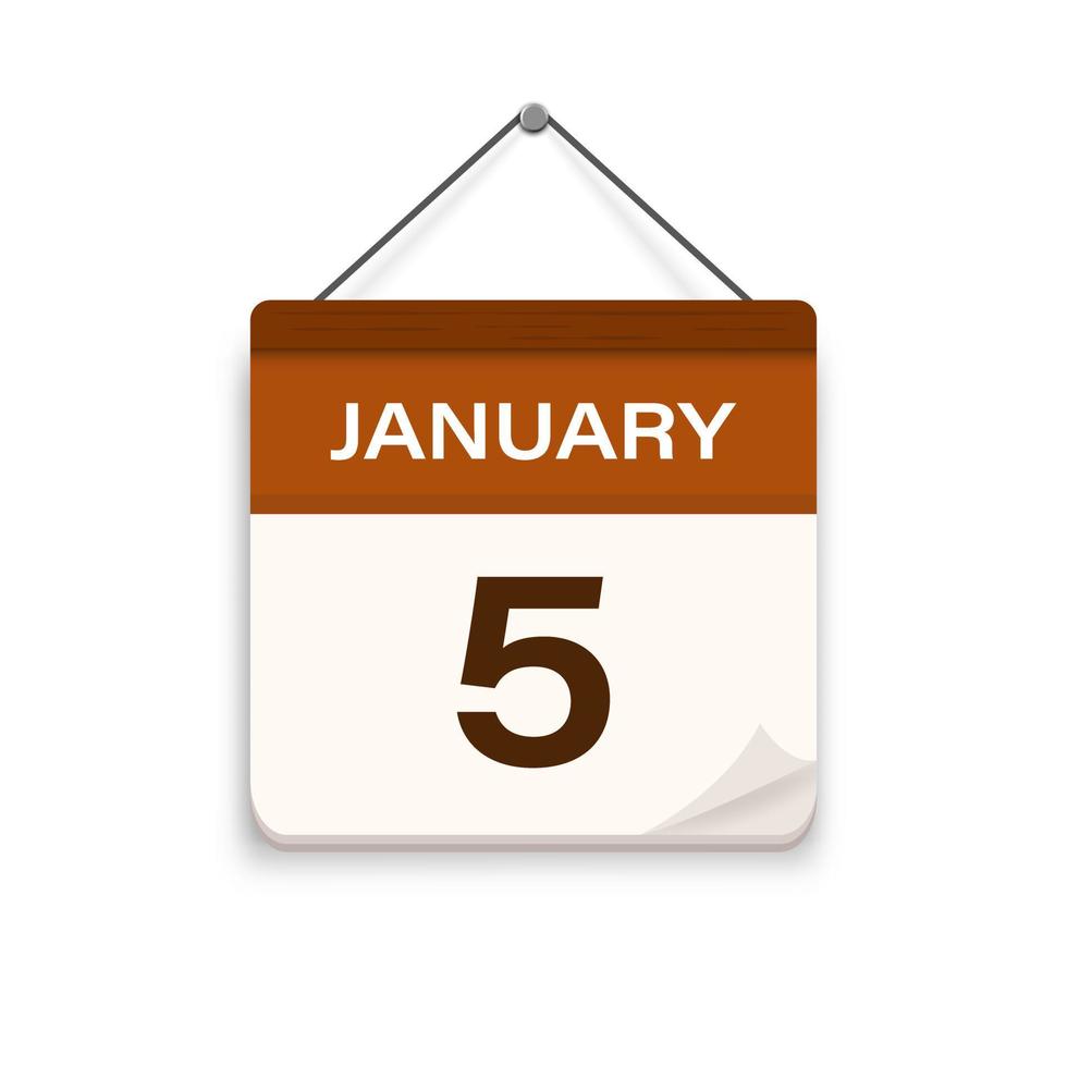 5 de janeiro, ícone de calendário com sombra. dia mês. hora marcada para reunião. data de agendamento do evento. ilustração em vetor plana.