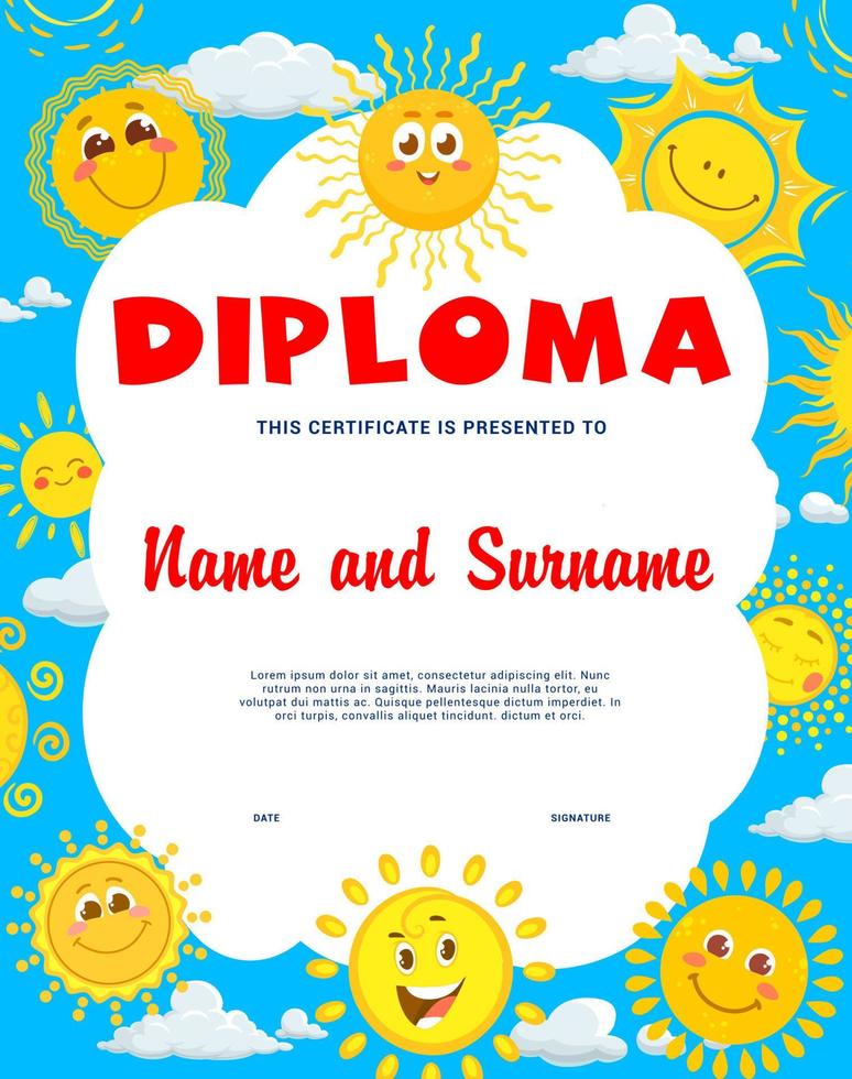 diploma infantil com personagens de sol sorridentes de desenhos animados vetor