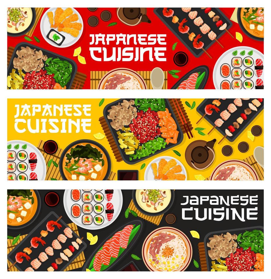 banners de refeições de cozinha japonesa, pratos de comida asiática vetor