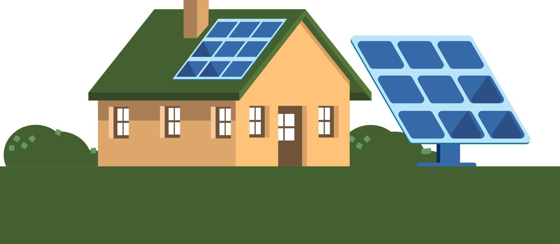 uma casa com painel solar no telhado e nas proximidades, energia alternativa. vetor