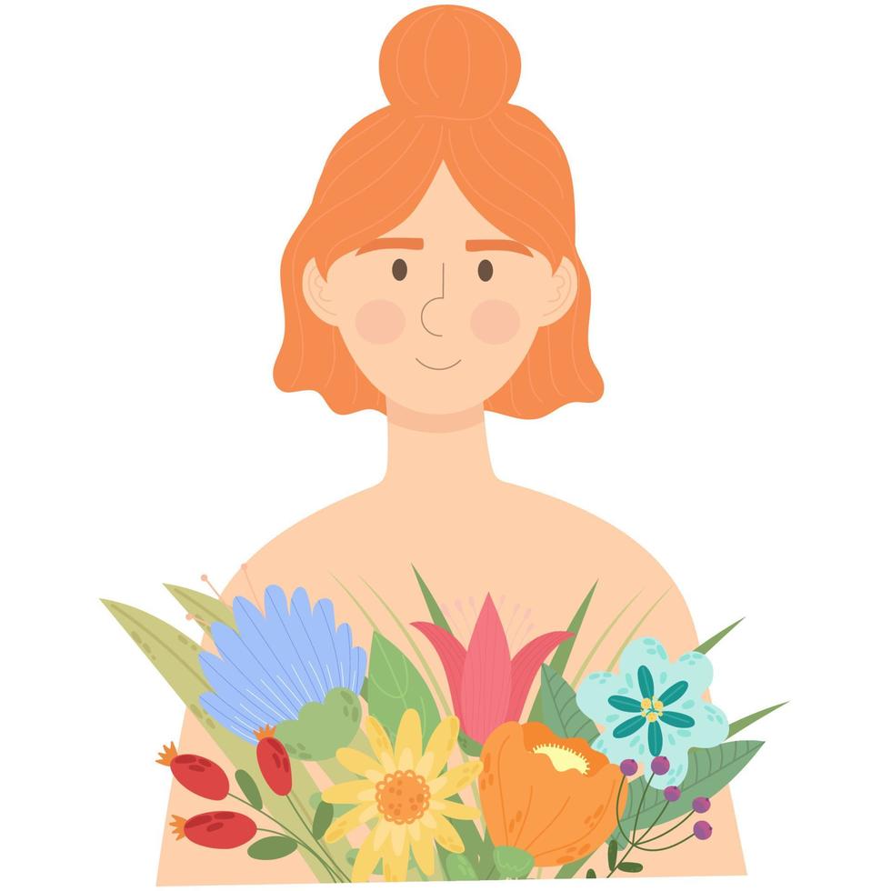 mulher de cabelo vermelho com buquê de flores feliz dia da mulher 8 de março. ilustração vetorial de um encontro, mulheres e um buquê de flores. vetor