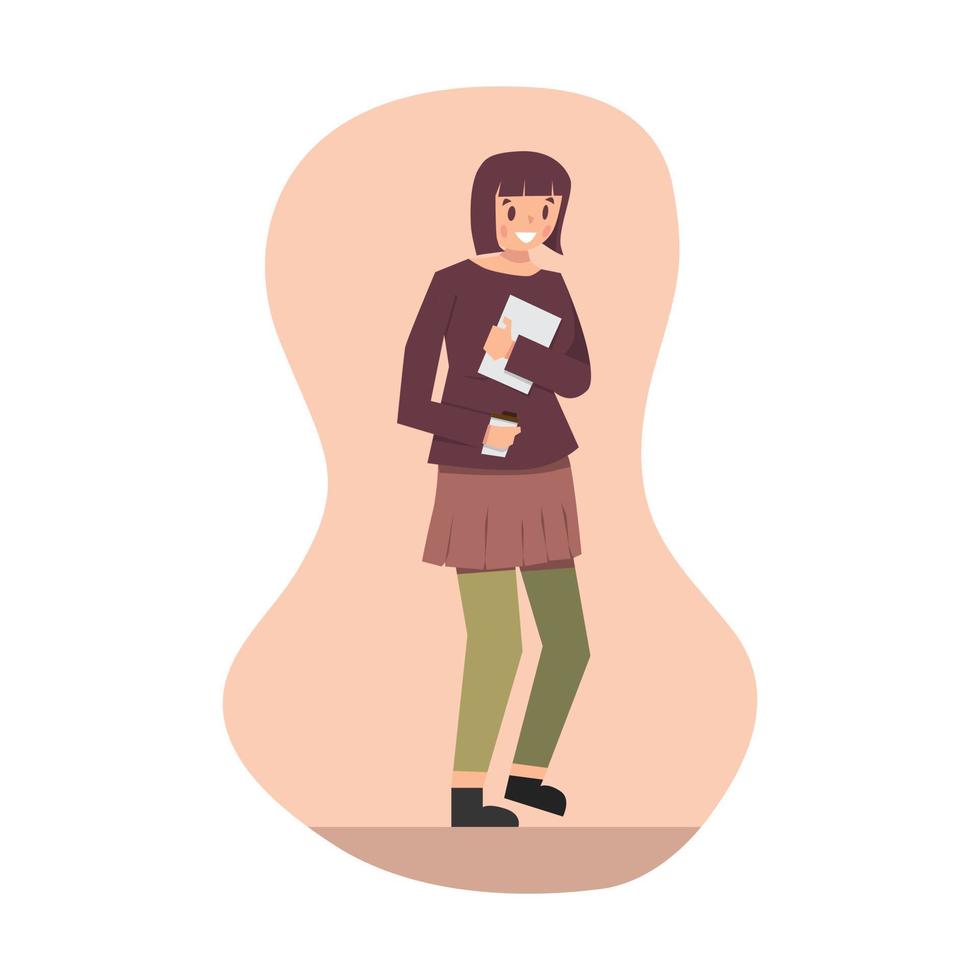 personagem de desenho animado plano de mulher feliz segurando café e documento vetor