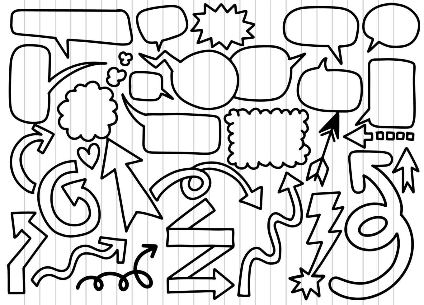 conjunto desenhado à mão de diferentes setas de areia de bolhas de fala, adesivos de bolhas e conjunto de vetores de seta, conjunto retrô de fala em quadrinhos e vetor de desenhos animados de bolhas, cada um em uma camada separada.