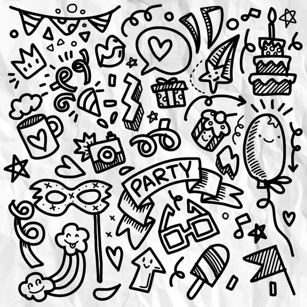 conjunto de ilustração de festa vetor de linha de esboço de doodle desenhado à mão