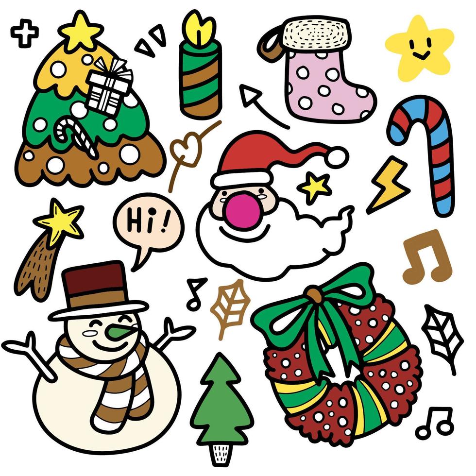 rabiscos de natal desenhados à mão bonitos, conjunto de elementos de design de natal no estilo doodle, conjunto de desenhos animados de rabiscos desenhados à mão esboçados de objetos sobre o tema do feliz natal, cada um em uma camada separada. vetor