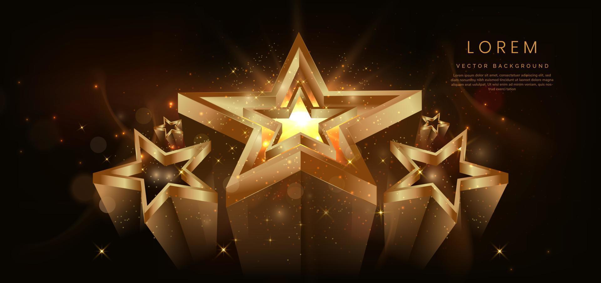 Estrela de cor dourada 3d brilhando em fundo marrom escuro com efeito de iluminação e brilho. conceito de cerimônia de premiação de design de luxo. vetor
