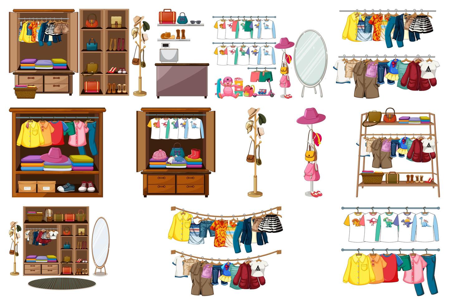 conjunto de roupas, acessórios e guarda-roupa isolado no fundo branco vetor