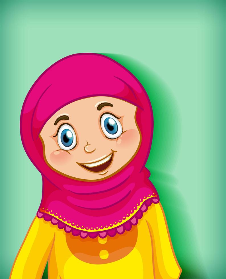 personagem de desenho animado de retrato de menina muçulmana sobre fundo verde vetor