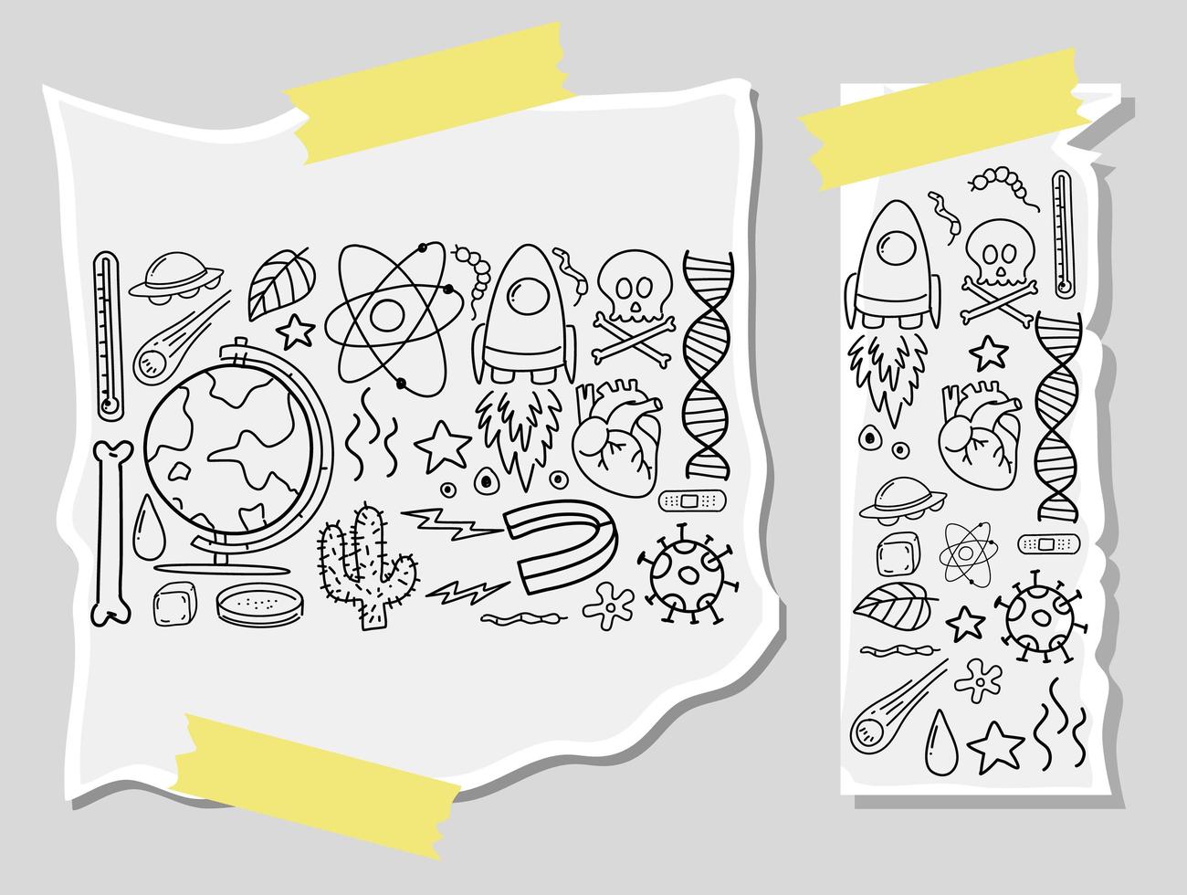 diferentes traços de doodle sobre equipamentos científicos em um papel vetor