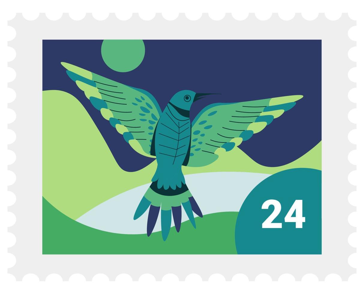 pássaro colibri na marca postal, vetor aviário exótico