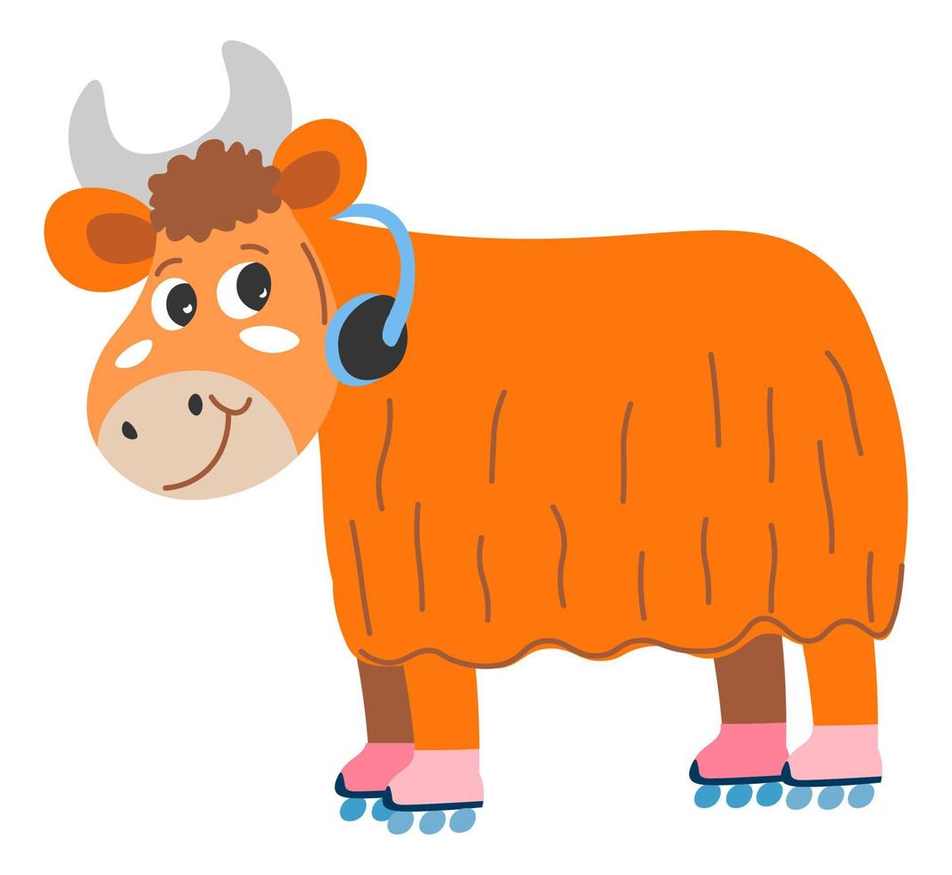 personagem engraçado de boi ou touro com vetor de fones de ouvido