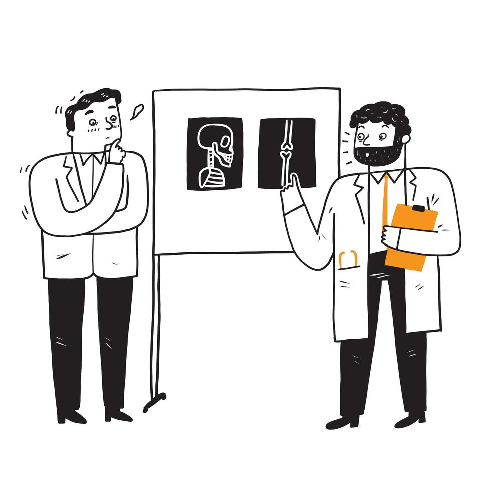 médicos examinando e diagnosticando pacientes por raio-x vetor