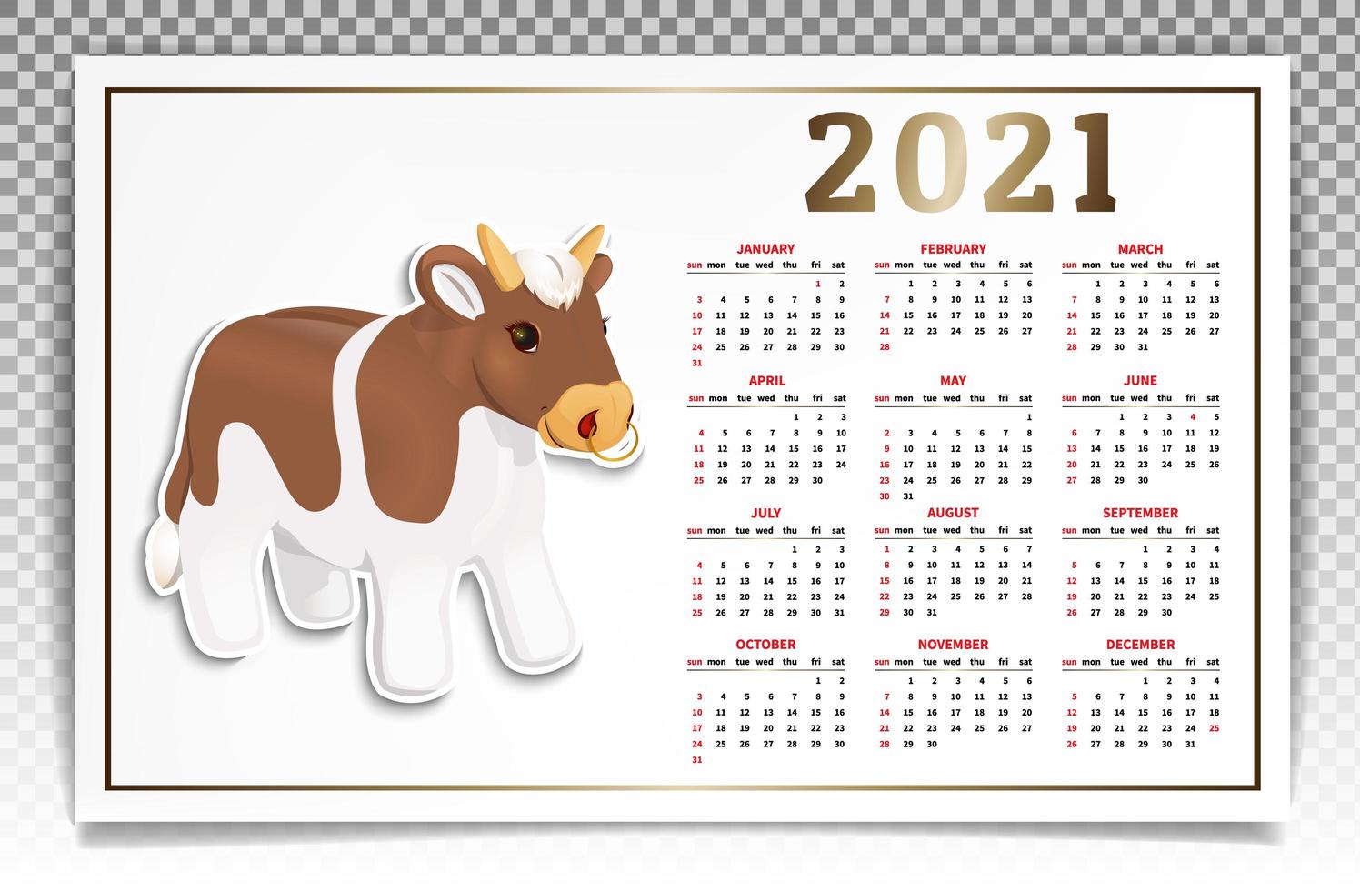 calendário touro branco e vermelho 2021 vetor