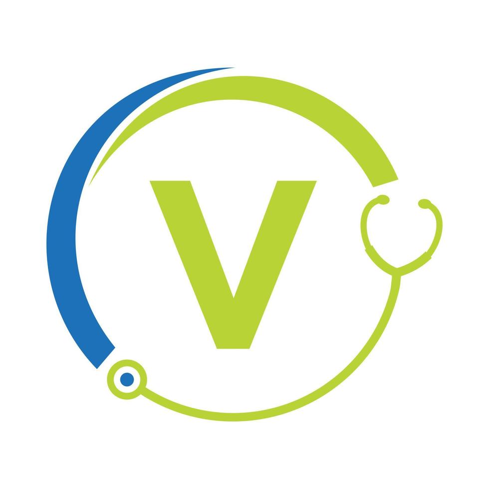 letra v modelo de logotipo médico de símbolo de saúde. logotipo de médicos com sinal de estetoscópio vetor