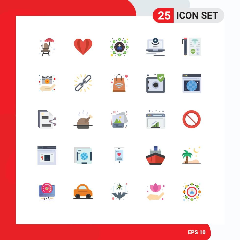 pacote de interface do usuário de 25 cores planas básicas de desenvolvimento de vídeo afiliado marketing monitor câmera elementos de design de vetores editáveis