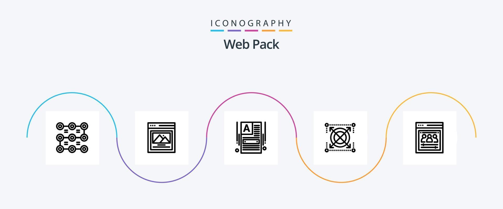 pacote de ícones da linha 5 do pacote da web, incluindo desenvolvedores da web. página da organização. fazendo site. pacote. alvo vetor