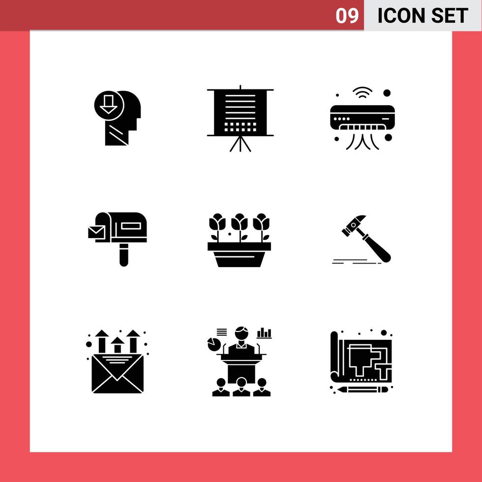 9 pacote de glifos sólidos de interface de usuário de sinais e símbolos modernos de caixa de correio de flores web iot elementos de design de vetores editáveis